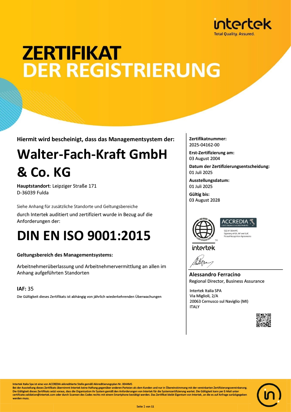 Intertek-Zertifikat Walter-Fach-Kraft