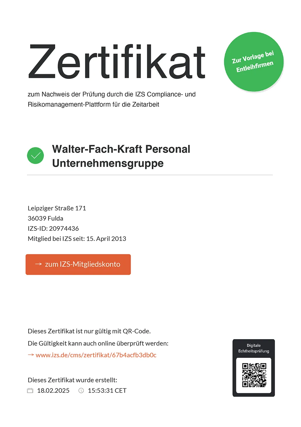 IZS Zertifikat Walter-Fach-Kraft