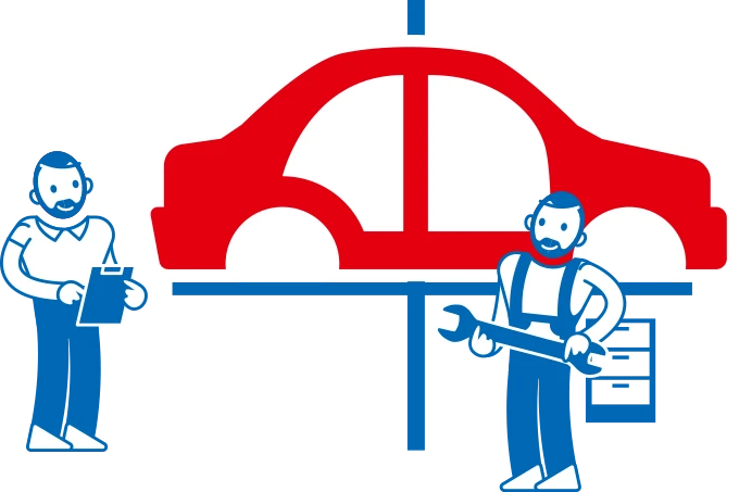 Illustration Auto auf Hebebühne mit Meister und Techniker