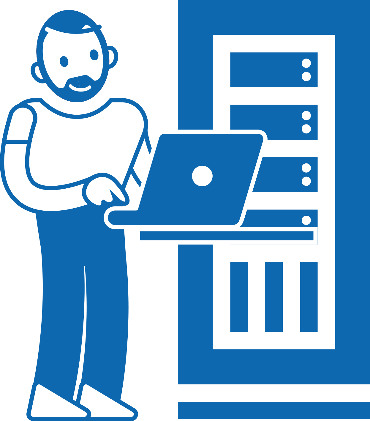 Maskottchen-IT-single IT-Systemadministrator vor Server-Schrank